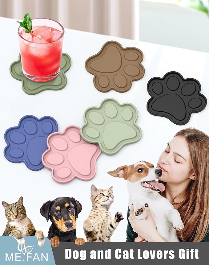 ME.FAN Silicone Coasters 6 Pack Paw Cup Mat with Holder, Dog Cat Paw Shape, for Hot or Cold Drink, Non-Slip, Non-Stick, Room Decor, Housewarming Black