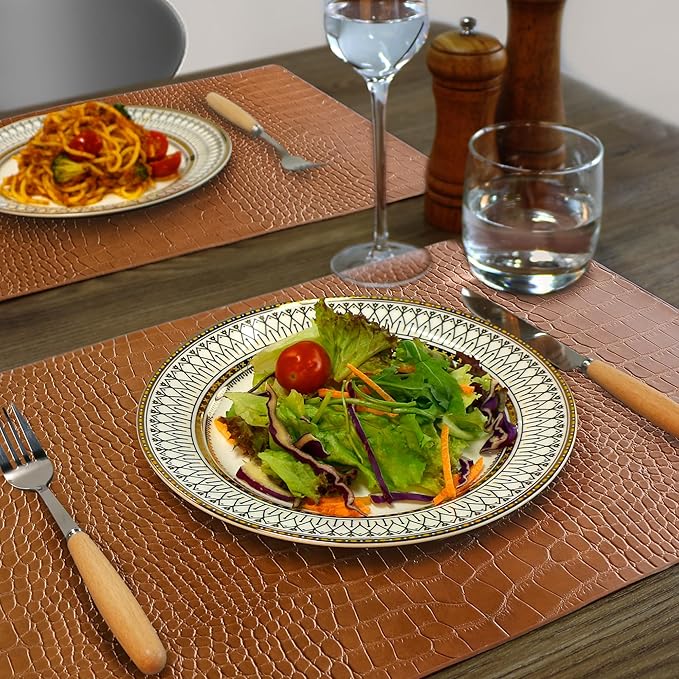 Jovono Faux Leather Placemats Set of 8, Waterproof Heat Resistant Dinner Place Mats for Dining Table, Non-Slip Crocodile Embossed, Brown (17.8x11.8 Inch)