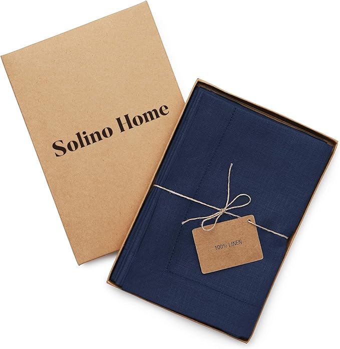 Solino Home Navy Blue Linen Napkins Set of 4-100% Pure Linen Hemstitch Dinner Napkins 20 x 20 Inch for Winter, Easter - Classic Hemstitch