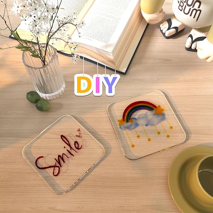 2 PCS Acrylic Coasters, Aesthetic Drink Coaster for Coffee Table, Clear Heat-Resistant Decorative Plates for Home Office Desk, Scratch-Proof Cup Protector for Kitchen Bar (Square 4'' 2 Pcs)