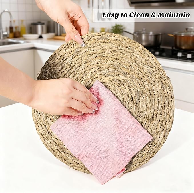Elcoho 10 Pieces Round Woven Placemats 13.8 Inch Boho Rattan Placemats Farmhouse Braided Place Mats Woven Plate Chargers Rustic Wicker Table Mats for Dining Table