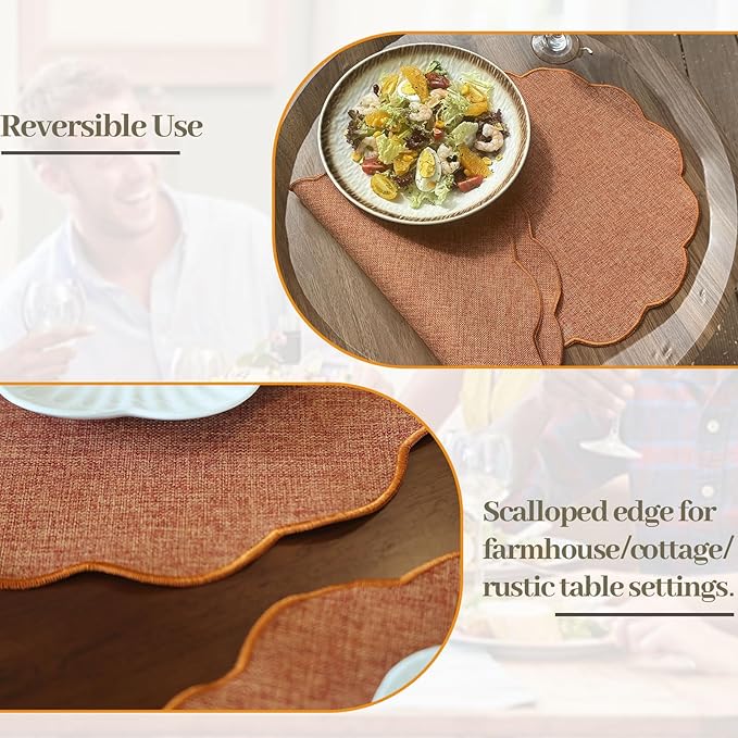 AHHFSMEI Round Faux Linen Placemats Set of 4 Waterproof Table Mats Heat Resistant Non-Slip and Stain Proof for Kitchen Dining Elegant Decor (Burnt Orange,4)