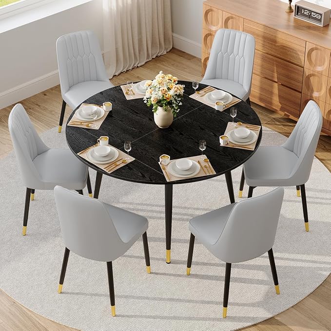 53” Round Dining Table Set for 6｜7 Piece Wood Dining Table Set｜Extendable Dining Room Table with 6 Chairs｜Black Wooden Tabletop with Metal Legs｜Easy Assembly｜Space Saving｜for Kitchen, Living Room