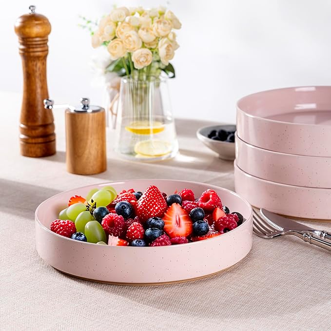 AmorArc 9.0" Large Ceramic Pasta Bowls, 32oz Handmade Speckled Stoneware Pasta Bowls Set of 4, Microwave & Dishwasher Safe Bowls With Terracotta Underside for Fruit Pasta Salad-Pink