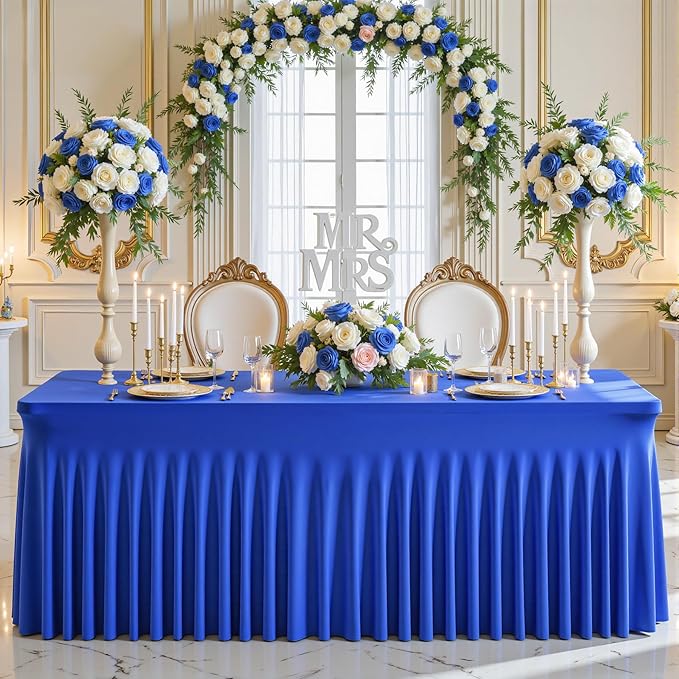Wish Care 2 Pack Royal Blue Spandex Table Clothes for 4 Foot Rectangle Tables, 4FT Wrinkle Free Fitted Tablecloths Ruffles Design Table Cloth for Party, Banquet, Wedding and Events