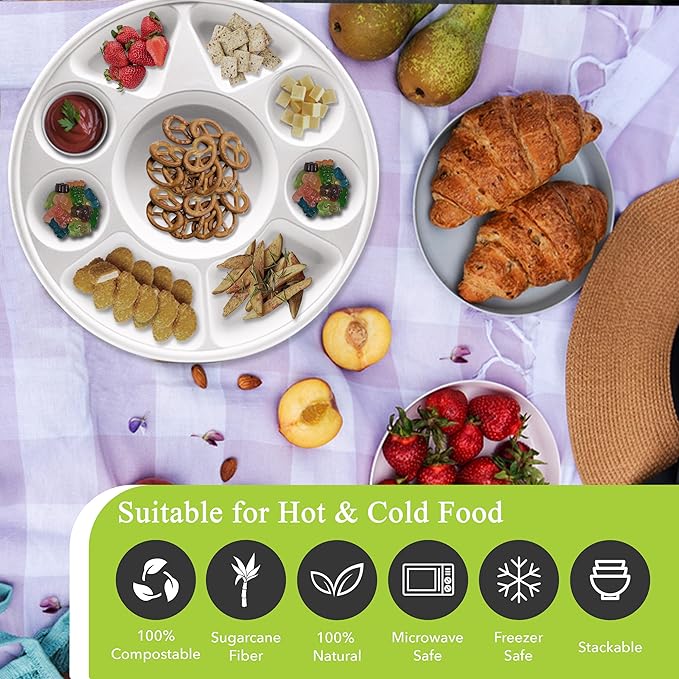 three leaf 9 Compartment Bagasse Round Plate, 50 Ct. Heavy-Duty- Super Strong- Natural- Eco-Friendly Disposable Bagasse Plates, 100% Biodegradable