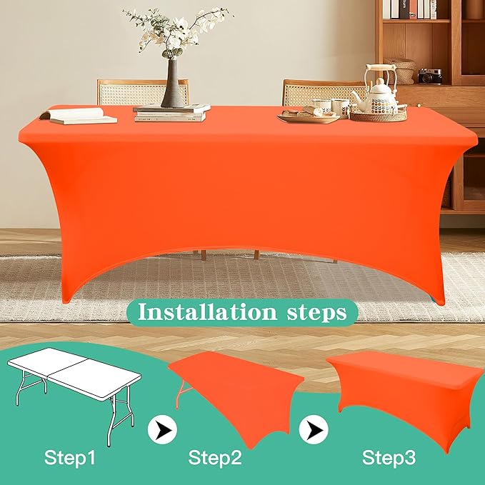 4FT Table Cloth for Rectangular Fitted Events Stretch Orange Table Covers Washable Spandex Tablecloth Protector for Party, Wedding, Cocktail, Banquet, Festival