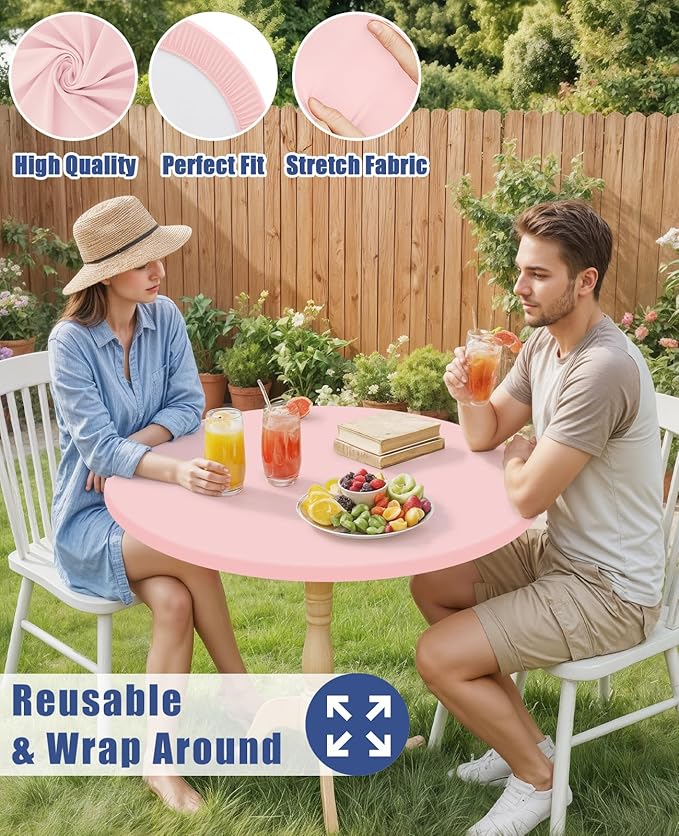 Round Spandex Valentines Day Tablecloth, Elastic Fitted Waterproof Tablecloths for 31"-35" Tables, Stretch Washable Picnic Table Cover for Camping, Dining, Indoor and Outdoor, Pink