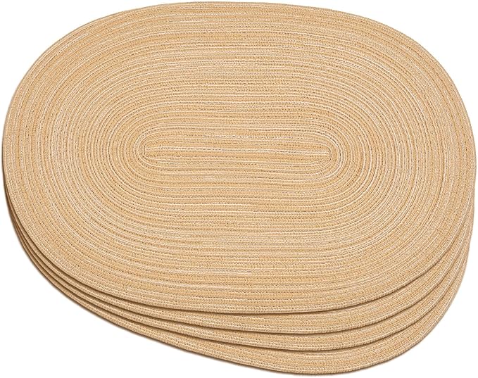 Noctiflorous Oval Braided Placemats Set of 4 Woven 12x18 Inch Non Slip Washable Heat Resistant Place Mats Round Tablemats for Dining Kitchen Party Daily Table Decor Dinner Mats (Beige Brown, 4)