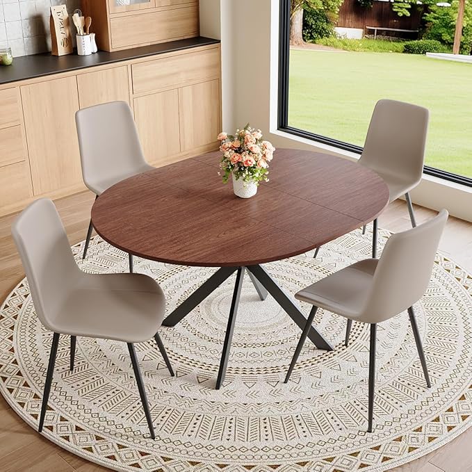 Round Dining Table Set for 4｜42"-54" Extendable Dining Room Table Set｜Wooden Kitchen Table with 4 Chairs｜Mid Century Modern Dinner Table Set with Cross Legs｜Easy Assembly｜Space Saving