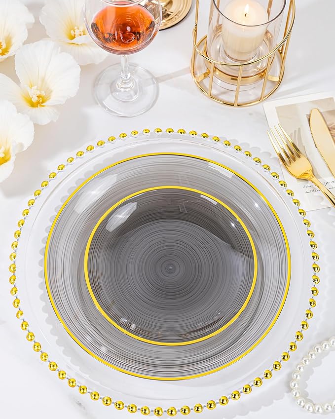 Morejoy 100Pcs Black Plastic Plates,Black Disposable Plates With Gold Rim,Heavy-duty Gold Plate, Modern swirl design Plate Include 50Clear Dessert-plates,50Dinner-plates for Party,New Year
