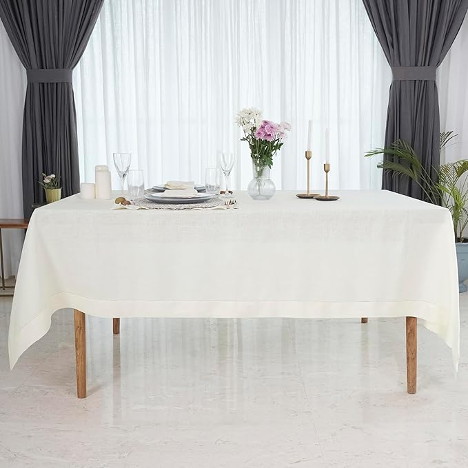 D'Moksha Homes Ivory Linen Tablecloth 60 x 108 Inch - 100% Pure Linen Ivory Table Cloth for Rectangle Tables - Classic Hemstitch, Machine Washable Tablecloth for Valentines, Spring, Easter