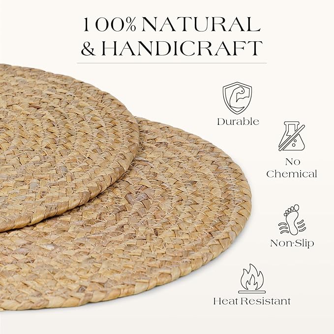 13” Woven Round Placemats Set of 4, Natural Water Hyacinth Braided Table Mats with 4 Wood Bead Napkin Rings, Washable Boho Farmhouse Rattan Place Mats for Home, Outdoor, Table Decor, Dinning, Wedding