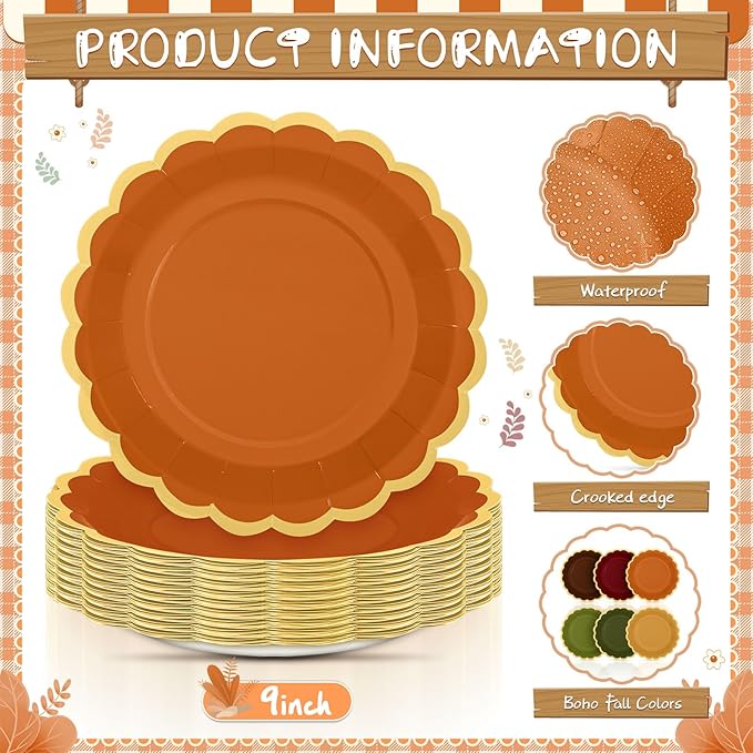 96 Pcs Fall Paper Plates 9 Inch Gradient Scalloped Paper Plates Disposable Dinner Dessert for Birthday Wedding Bridal Party Supplies, 6 Colors