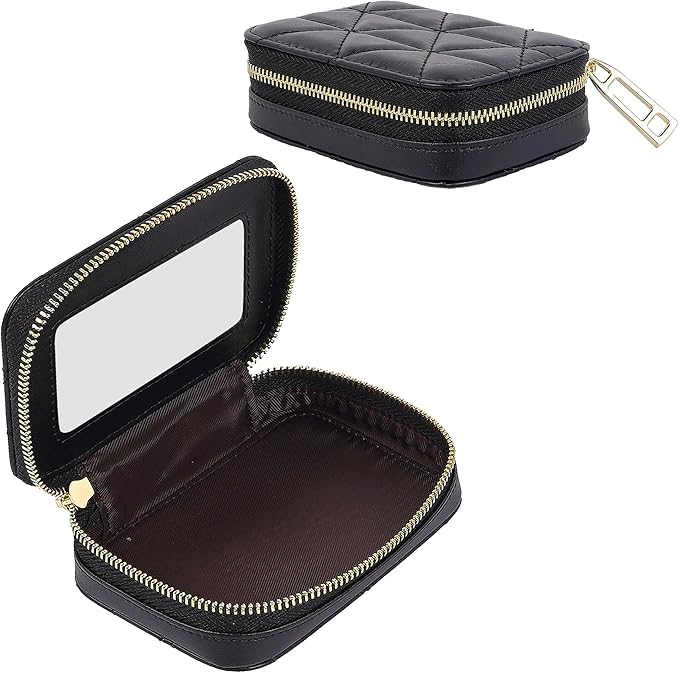 Lipstick Holder with Mirror for Purse, Genuine Leather Makeup Case, Compact Zippered Travel Cosmetic Organizer, Black