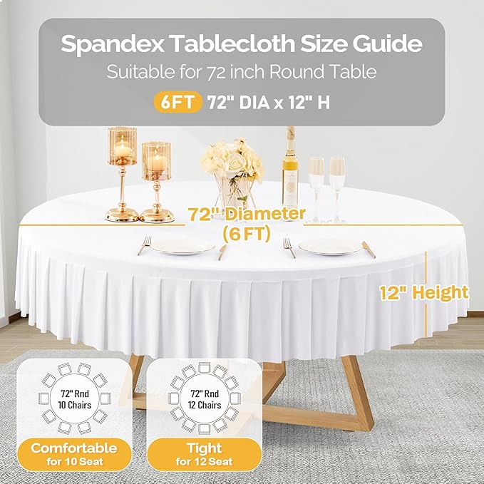 4 Pack White Spandex Round Tablecloths for 72in Table, Stretchy Fitted 6FT Round Table Cloths, Wrinkle Free Table Cover with Skirt for Wedding Birthday Party Bridal Shower Banquet