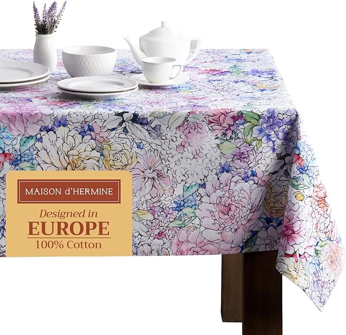 Maison d' Hermine Table Cloth Square Table 100% Cotton 54 x 54 Inches Tablecloth Reusable Decorative for Dining Room Farmhouse Home Valentines Day Decorations Spring Summer - Floral Love