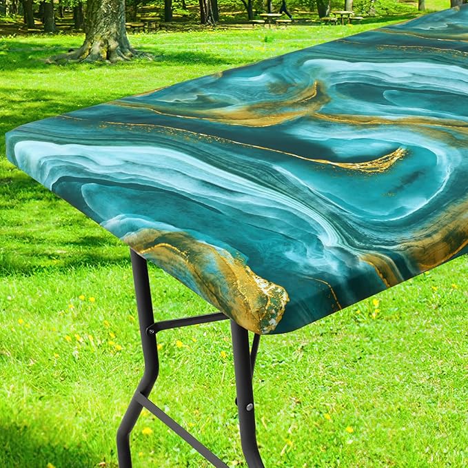 Smiry Rectangle Table Cloth Cover, Waterproof Elastic Fitted Picnic Tablecloth for 8 Foot Tables, Wipeable Flannel Backed Vinyl Tablecloths for Camping, Dining, Outdoor (Teal & Gold, 30" x 96")