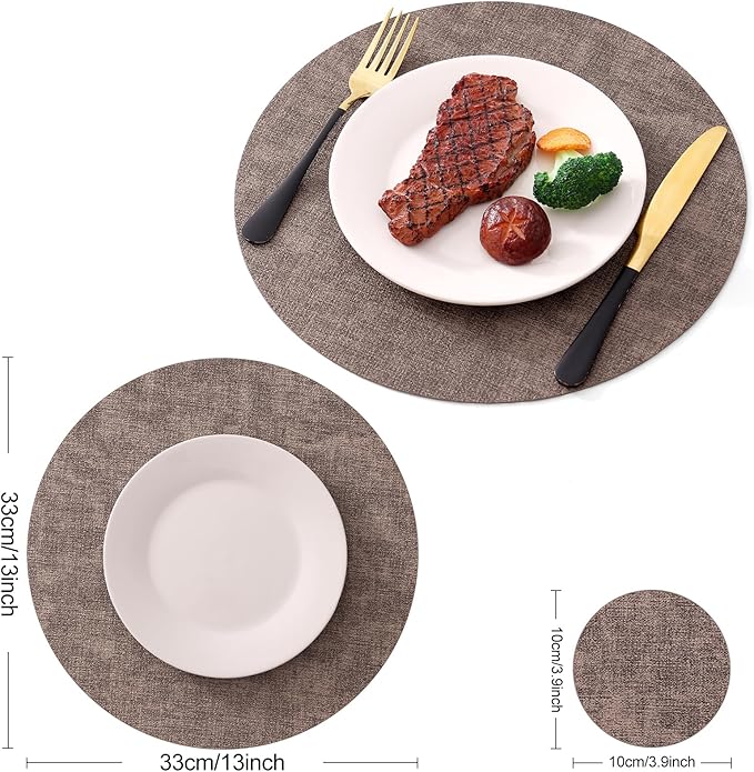 Homaxy Round Faux Leather Placemats and Coasters, Washable Dual-Side Table Mats, Wipeable Heat-Resistant Dining Place Mats for Outdoor and Indoor, Set of 4, Diameter 13 and 3.93 inch, Dark Brown