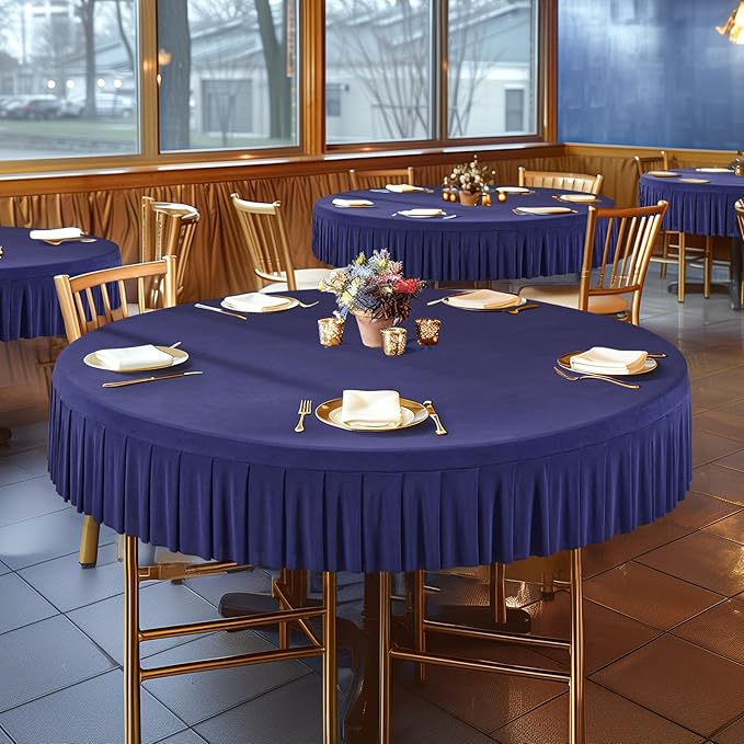 8 Pack Navy Blue Spandex Round Tablecloths for 60 Inch Tables, Stretchy Fitted 5FT Cloths, Wrinkle-Free Cover With Skirt for Wedding, Party, Dining, Banquet