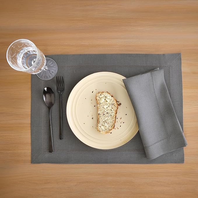 Solino Home Linen Cloth Napkins Set of 4-100% Pure Linen Steel Gray Dinner Napkins 20 x 20 Inch for Spring - Classic Hemstitch, Handcrafted and Machine Washable