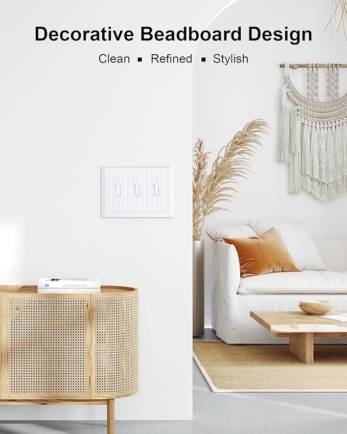 2-Pack Classic Beadboard Triple Toggle Light Switch Cover Plate, Durable Natural Bamboo Fiber Decorative Switch Plate Covers, Pure White 3 Gang Wall Plate, Corrosion Resistant
