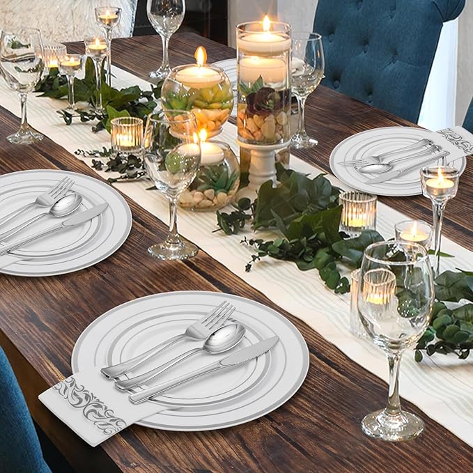 Goodluck 700 Piece Silver Dinnerware Set for 100 Guests, Disposable Plastic Plates for Party, Include: 100 Dinner Plates, 100 Dessert Plates, 100 Paper Napkins, 100 Cups, 100 Silverware set