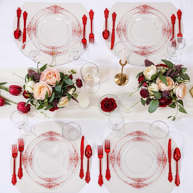 Nervure 100PCS Clear and Red Plastic Plates - Clear Red Disposable Plates Set, 50PCS 10.25" Dinner Plate & 50PCS 7.5" Dessert Plate Perfect for Wedding & Party