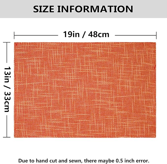 Kevin Textile Burlap Linen Placemats Set of 6 Heat Resistant Dining Table Place Mats Washable Kitchen Table Mats for Dinning Party Holiday Indoor Outdoor, 13 x19 inches, Orange