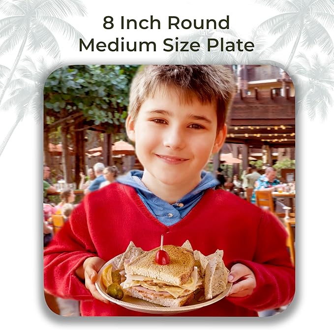 Indie Palm Disposable Palm Leaf Plates – 100 Pack 8 Inch Round – Heavy Duty, 100% Compostable & Biodegradable – Eco-Friendly Alternative to Plastic & Bamboo – Perfect for Parties & Events