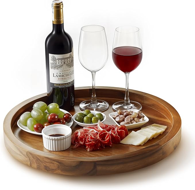 16" Acacia Wood Lazy Susan for Table Top - Wooden Turntable Serving Tray for Charcuterie Boards Cheese Board - Extra Large Black Round Lazy Susan Organizer - Kitchen Revolution for Cabinet