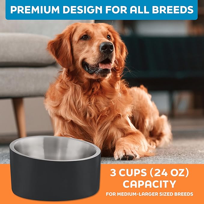 Master Pet Supply Stainless Steel Slanted Dog Cat Food Bowl - 24 oz Heavy Duty - Black Velvet, Double Wall Insulated, Non-Slip Elevated Bowl for French Bulldogs Pugs Cats, Anti Rust Dishwasher Safe