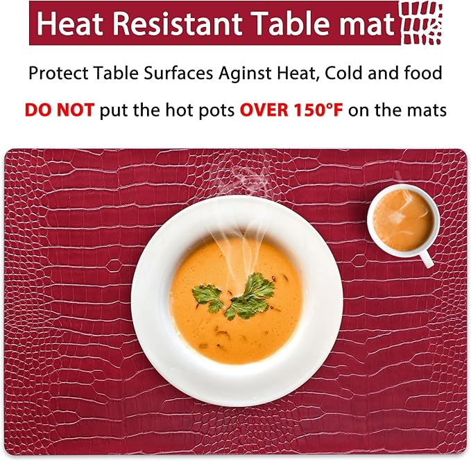 Jovono Faux Leather Placemats Set of 4, Waterproof Heat Resistant Dinner Place Mats for Dining Table, Non-Slip Crocodile Embossed, Red (17.8x11.8 Inch)