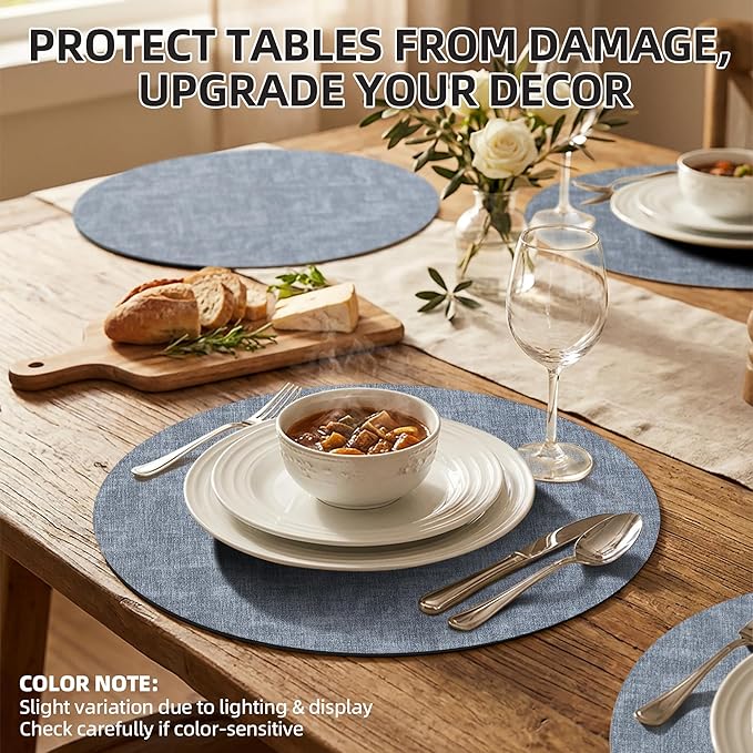 15 inch Faux Leather Round Placemats Set of 6 Non-Slip Washable Wipeable Table Mats, Heat Resistant Waterproof Oilproof Blue Place Mats for Kitchen, Dining, Party, Indoor, Outdoor