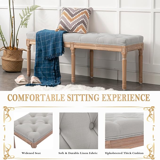 Bonzy Home 47” Bedroom Bench,French Vintage Tufted Entryway Benches Upholstered Dining Benches with Cushion,Linen Fabric End of Bed Bench for Bedroom Living Room Entryway, Gray