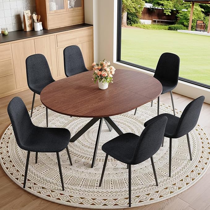 Round Dining Table Set for 6｜42"-54" Extendable Dining Room Table Set｜Wooden Kitchen Table with 6 Chairs｜Mid Century Modern Dinner Table Set with Cross Legs｜Easy Assembly｜Space Saving