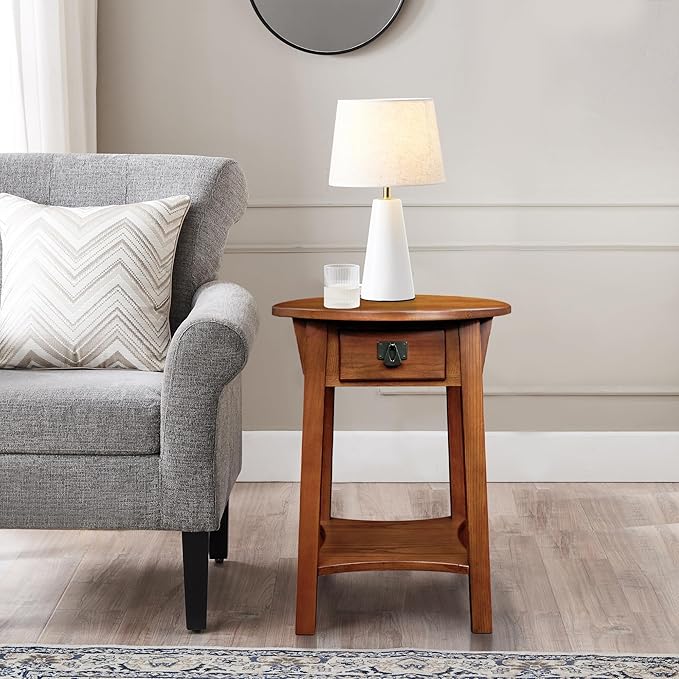 Leick Home Mission End Table, Solid Wood, 18 in. Round, 1 Storage Drawer, Bottom Shelf, Easy-Assembly, For Living Room/Bedroom, Russet, 18.0 in. Diameter x 24.0 in. H, 9056-RS