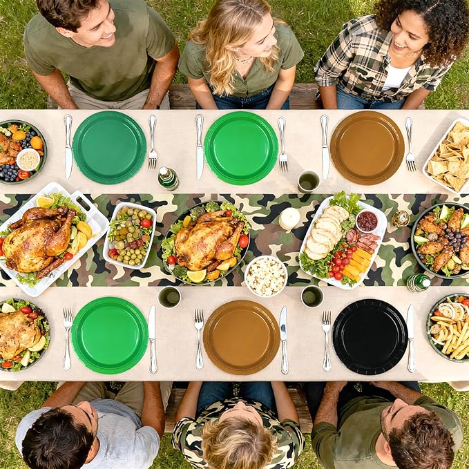 60Pcs Green and Brown Plates 9” Green Black Party Paper Plates Hunting Theme Birthday Platters Disposable Tableware for Camo Army Hunting Theme Party Decorations