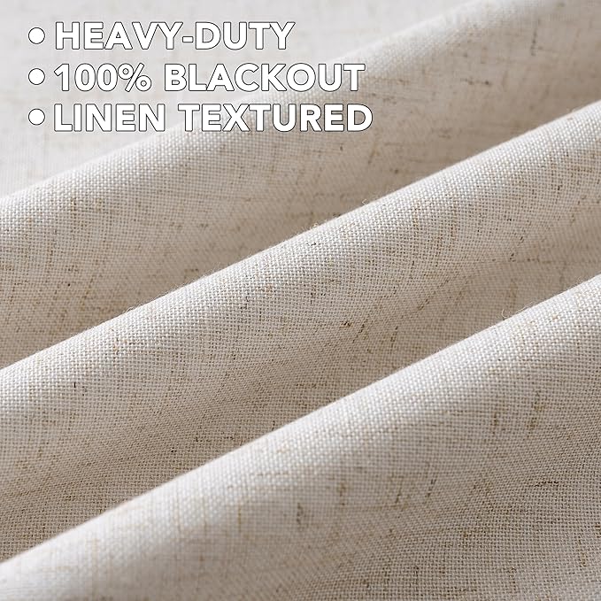 H.VERSAILTEX Linen Curtains 100% Blackout Curtains for Bedroom 54 inch Long Full Light Blocking Nature Linen Blended Window Curtains for Living Room Nickel Grommet (2 Panels, Heathered Natural)