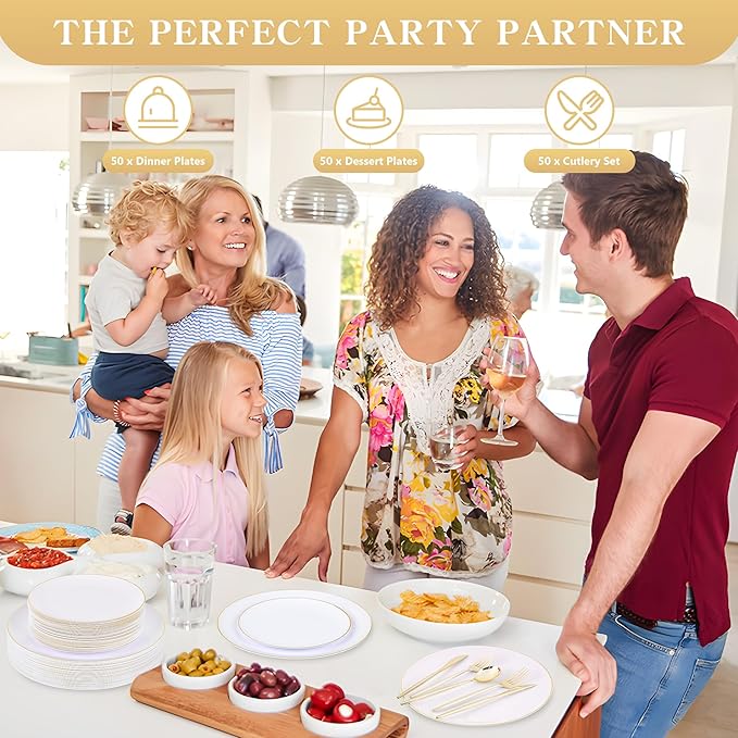 I00000 150PCS White and Gold Plastic Plates with Disposable Silverware for 30 Guests,Nice Disposable Plates,White Plastic Plates Set Include 30 Dinner Plate,30 Dessert Plate,90 Gold Cutlery for Party