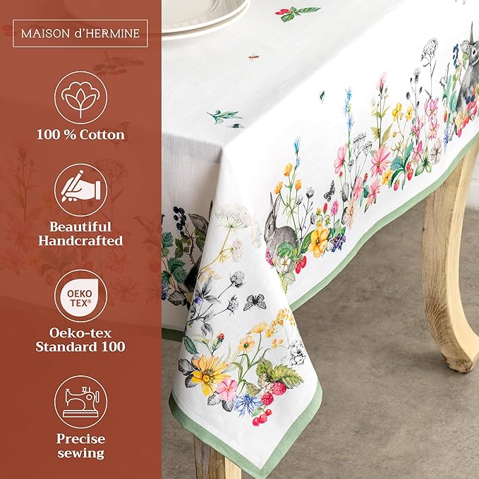Maison d' Hermine Table Cloth Square Table 100% Cotton 60 x 60 Inches Tablecloth Reusable Decorative for Dining Room Farmhouse Home Valentines Day Decorations Spring Summer - Printemps