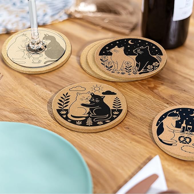 Coasters for Drinks with Holder Set of 6, Cat Cork Coaster Absorbent for Office Desk Table Coasters Kitchen Decor House Warming Gifts for New Home Couples, Round 4"