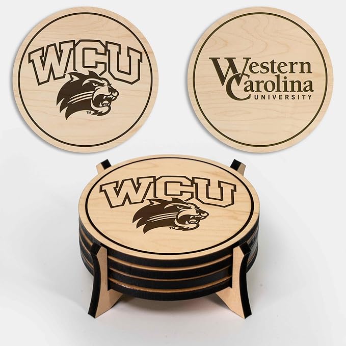 LazerEdge Western Carolina Catamounts Wooden Coaster Set - Maple Wood - Officially Licensed Product - 4-Pack