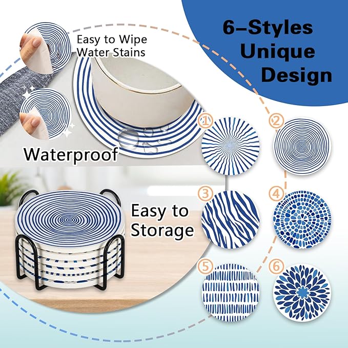 Blue White Geometric Ceramic Coasters with Holder Set of 6, Abstract Dahlia Modern Art Absorbent Drink Cup Mat for Coffee Table Protection, 4'' Minimalist Home Kitchen Decor Housewarming Gifts