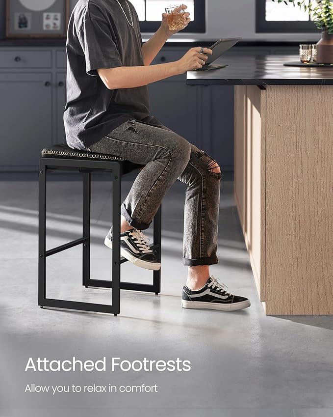 VASAGLE EKHO Collection - Bar Stools Set of 4, Counter Height Bar Stools, Synthetic Leather with Stitching, Mid-Century Modern Counter Stools, 26-Inch Tall, Kichen Home Bar Dining Room, Ink Black