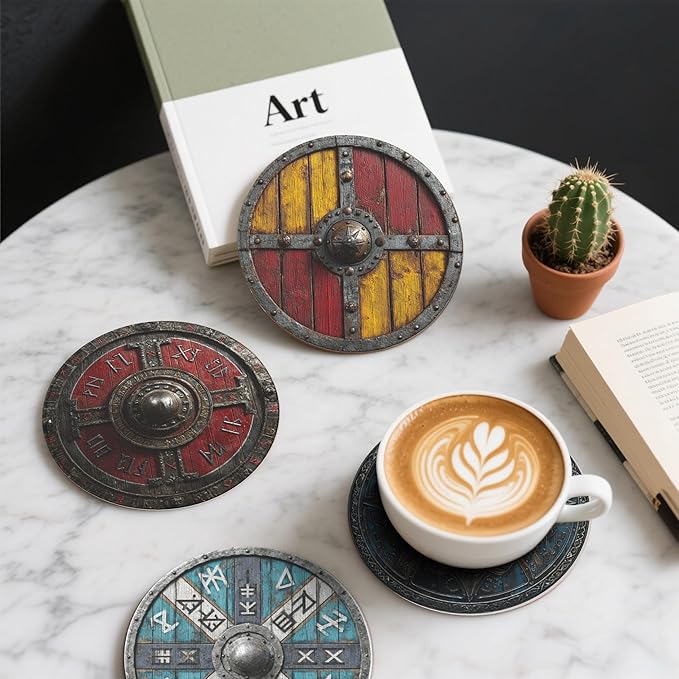 Viking Shield Coasters Leather Round Drink Coasters 6 Pcs Set with Holderor for Cup Drink Coffee Table Bar Home Decor