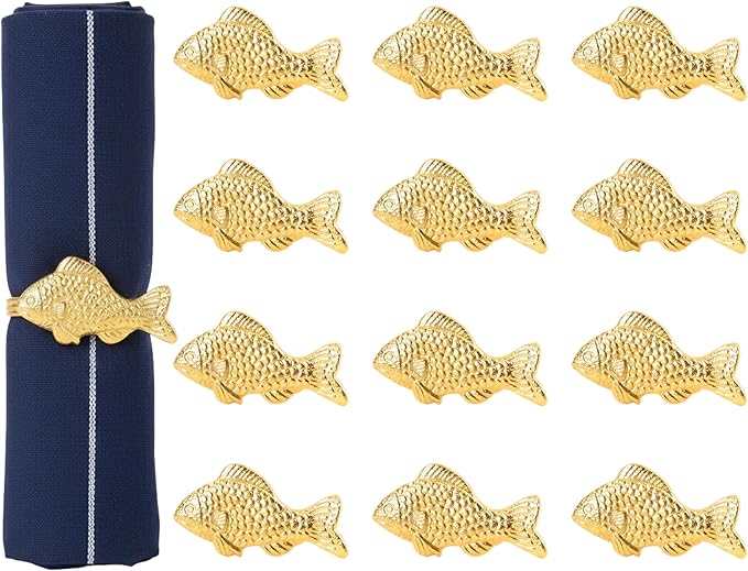ALPHA Living HOME 12 Pcs Decorative Fish Metal Napkin Ring for Table Settings Napkins Ring for Dining, Anniversary, Birthday, Romantic Dinner, Holiday, Party of Table Setting, Wedding Table (Gold)