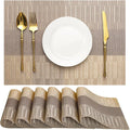 Placemats Set of 6, Vinyl Woven Place Mats Indoor Set of 6 Washable Wipeable PVC Table Mats Heat-Resistant Non Slip Plastic Placemat for Kitchen Dining Outdoor Table (Gray Gold, Set of 6)