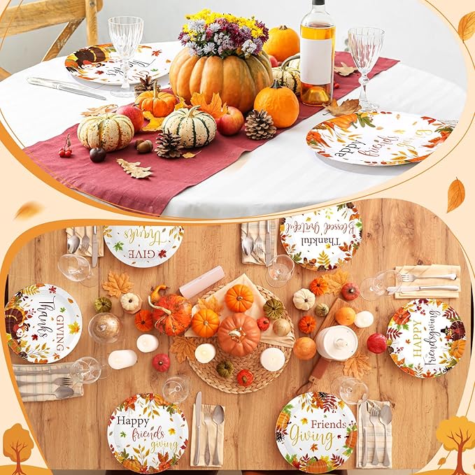 60 Pcs 7 Inch Happy Friendsgiving Paper Plates Give Thanks Plates Decorations Fall Pumpkin Turkey Tableware for Autumn Harvest Thanksgiving Dinner BBQ Picnic Farmhouse Party Supplies