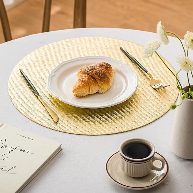 Jovono 15" Faux Leather Big Round Placemats Set of 8 - Washable Heat Resistant Non-Slip Dining Table Mats with Fabric Texture for Kitchen Home Party Wedding Decor, Gold